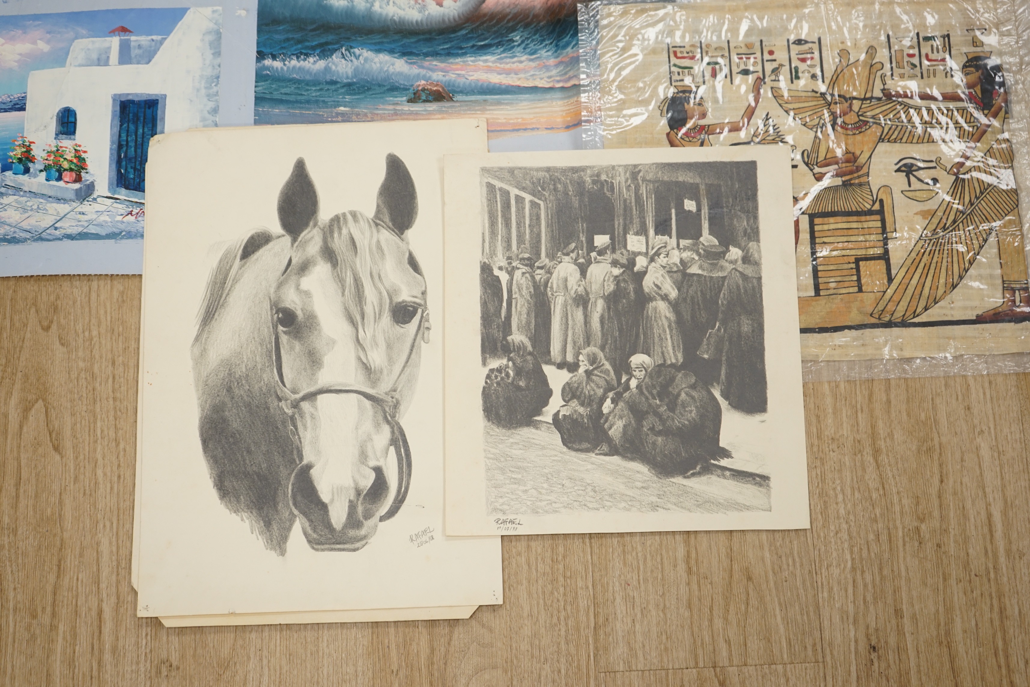 A group of assorted pictures and prints including Egyptian papyrus paintings, 41 x 33cm
